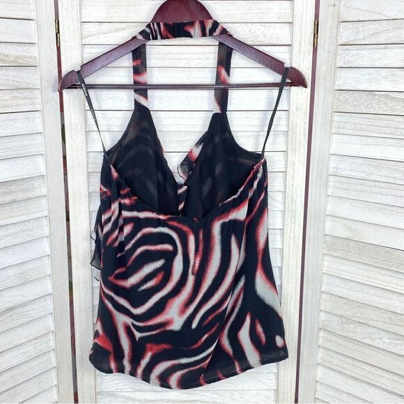 Bebe Printed Silk Chiffon Ruffle Trim Halter Neck Blouse Pink Black XS - Picture 8 of 12